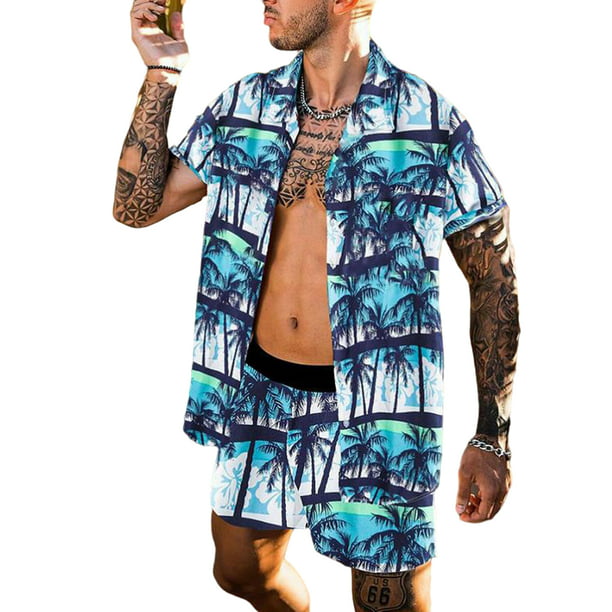Men Womens Short Sleeve Hawaiian Floral Beach Suits Shirts Shorts Loungewear Set